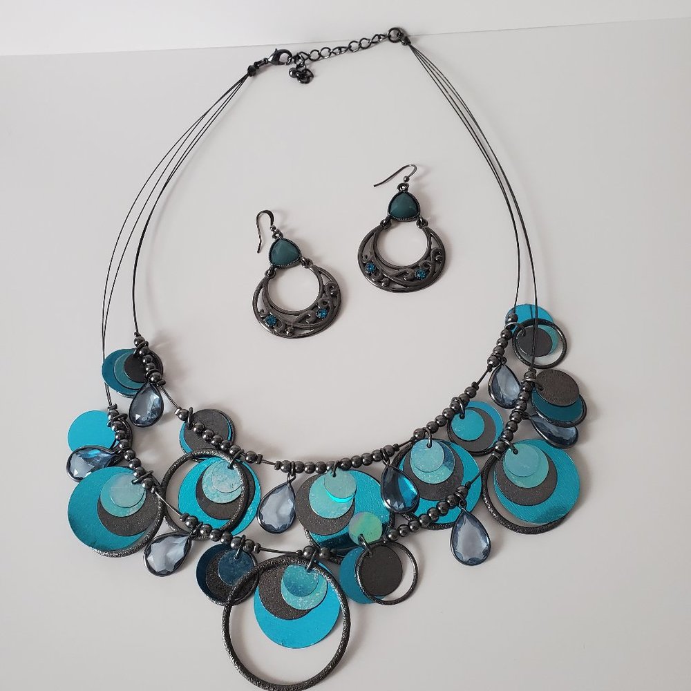 Boho Turquoise Blue Multi Layered Disc Statement Necklace & Earring Set Aqua